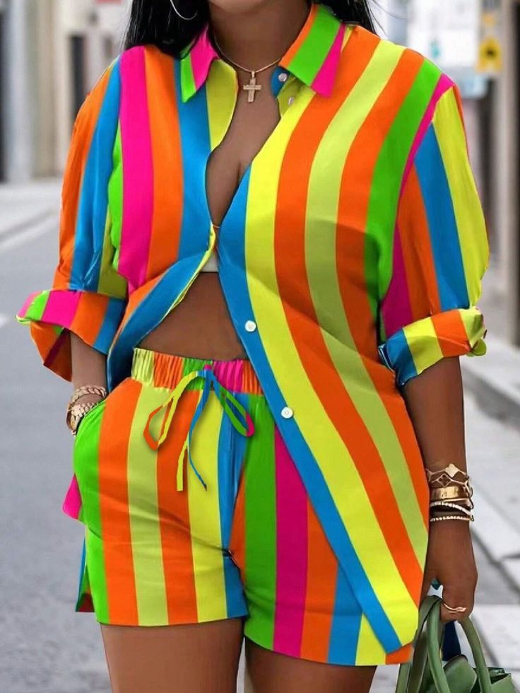 SHEIN Essnce Plus Size Women's Colorful Striped Rolled Sleeve Shirt And Shorts Casual Two-Piece Set, Spring/SummerI discovered amazing products on SHEIN.com, come check them out! Celana Fashion, Summer Prints Fashion, Patchwork Shirt, Pantsuits For Women, Moda Plus, Turndown Collar, Drawstring Shorts, Two Piece Sets, Print Shirt