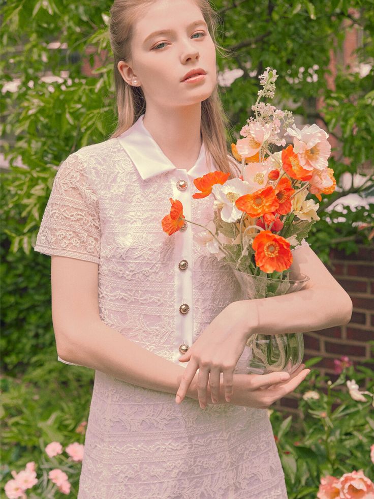 Editor's NotesThe Flower Buds Blouse is handmade embroidered lace that adds luxury and uses superfine yarn to provide a very light fit. It gives a formal feeling with collar details and adds points with gold buttons.- Formal mood- 100% polyester fabric- Slightly short length- Colored collar detailMeasurements(in.)Size: Size [32(XS)/34(S)]- Chest: 16.92in. / 17.71in.- Waist: 17.71in. / 18.in.- Total Length: 18.5in. / 18.7in.- Sleeve: 7.08in. / 7.28in. Model Info: (Ellish) Height 5' 7, Top S size/ Bottom 27 size / Wearing a size 34 Composition & Care- Fabric: 100% Polyester - Dry Cleaning Designer- by IvanaHelsinki Feminine Lace Dress With Lace Collar, Elegant Collared Lace Blouse, Formal Fitted Blouse With Scalloped Lace, Feminine Fitted Lace Dress With Lace Collar, Fitted Feminine Lace Dress With Lace Collar, Elegant Spring Lace Top For Daywear, Elegant Lace Top For Spring Daywear, Elegant Short Sleeve Lace Top For Spring, Elegant Short Sleeve Scalloped Lace Top