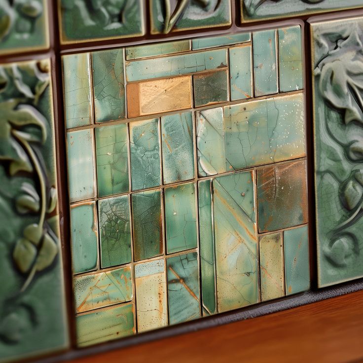 a close up view of some tiles on a wall with green and gold designs in the middle