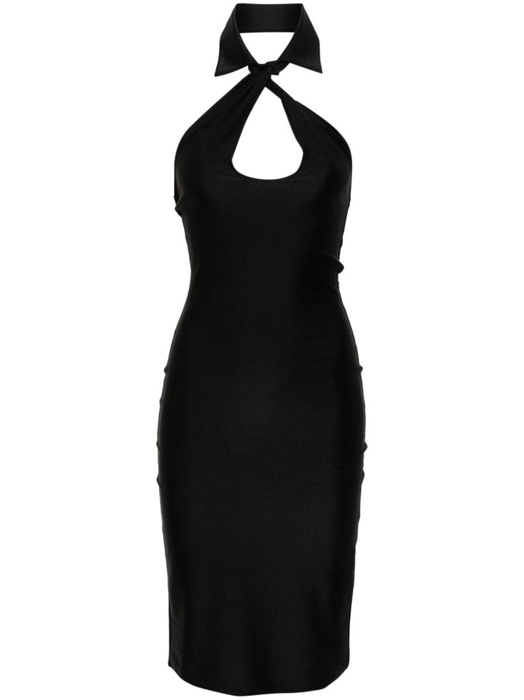 black stretch-design satin weave halterneck classic collar sleeveless open back straight hem mid-length unlined Sleeveless Stretch Satin Midi Dress, Stretch Backless Midi Dress With Back Opening, Chic Fitted Halter Neck Slip Dress, Solid Backless Midi Dress For Evening, Backless Midi Dress For Evening, Fitted Halter Neck Slip Dress For Date Night, Elegant Bodycon Backless Halter Neck Dress, Sleek Halter Neck Satin Slip Dress, Elegant Satin Backless Bodycon Dress