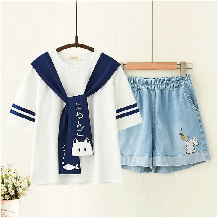 Product ID: JW4155 
 Material: Cotton, Denim 
 Color: White, Navy 
 Size Info: 
 T-shirt 
 One Size   Bust 102 cm, Length 55 cm, Sleeve 22 cm 
 Shorts 
 M   Waist 62-84 cm, Length 34 cm, Hip 96 cm 
 L    Waist 64-86 cm, Length 35 cm, Hip 100 cm www.ccovv.com Embroidery T Shirt, Kawaii Shirts, Style Kawaii, Dress Design Sketches, Kawaii Fashion Outfits, Animal Embroidery, Denim Color, Really Cute Outfits, Kawaii Clothes