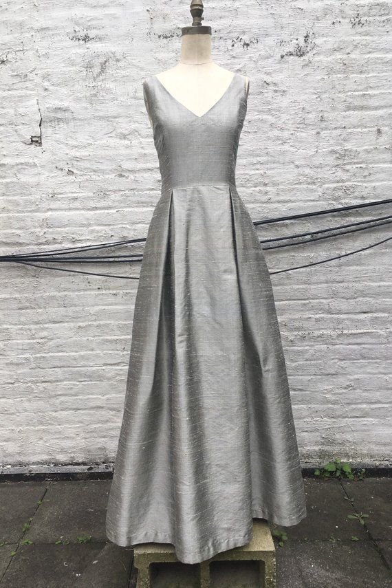 Pewter V neck Silk Shantung Ball Gown Dress Perfect Objects, Silk Shantung Dress, Silver Ball Gown, Shantung Silk Dress, Shantung Dress, Long Ball Gown, Obi Sash, Ball Gown Dress, Silk Dupioni