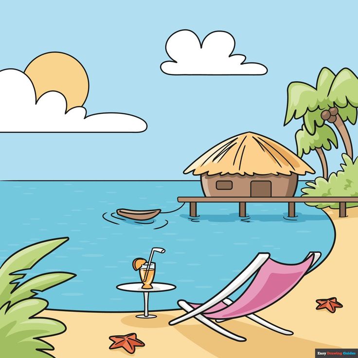 a beach scene with lounge chairs, umbrellas and a hut on the water's edge