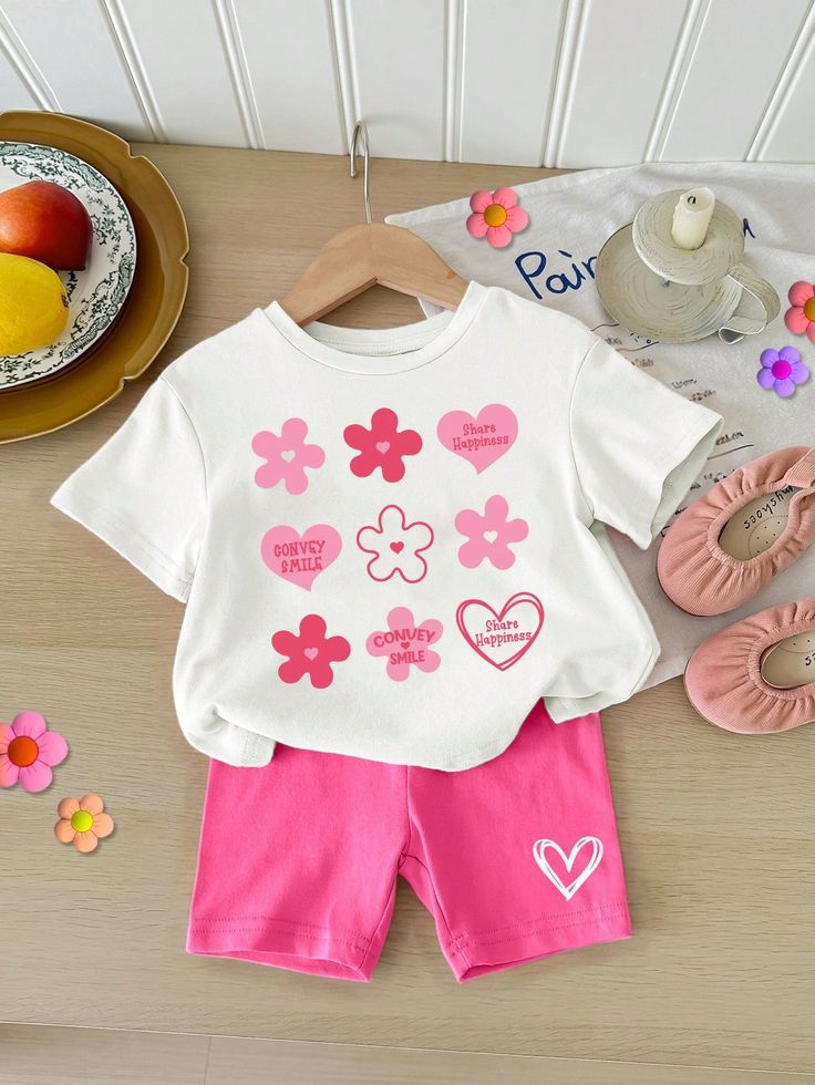 Cute Flowers, Baby Girl Casual Simple Short Sleeve And Shorts Set, Suitable For Summer Multicolor     Cartoon,Floral,Heart,Plants  Slight Stretch  Baby Girls Clothing, size features are:Bust: ,Length: ,Sleeve Length: Sweet Style White Bottoms For Summer, Sweet White Bottoms For Summer, Sweet White Summer Bottoms, Sweet Pink Bottoms For Summer, Cute Pink Short Sets, Cute Letter Print Playwear Sets, Cute White Set With Letter Print, Cute White Sets With Letter Print, Cute White Letter Print Sets