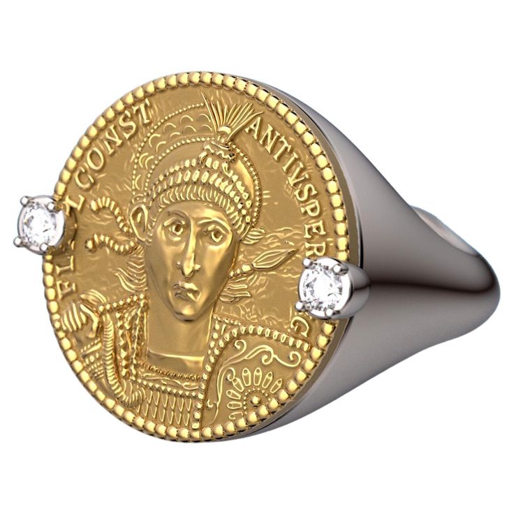 Ancient Roman Style Gold Coin Ring in 18k or 14k white and yellow gold, made in Italy. Discover the exquisite craftsmanship of our Made in Italy men's gold ring, available in 14k or 18k gold. This stunning piece features a meticulously reproduced Roman AV Solidus of Emperor Constantius II (337-361 AD). Adorned with the noble figure of Flavius Julius Constantius, wearing a diadem, helmet, and cuirass, the intricate details showcase his pious and blessed august status. Holding a spear and a shield embellished with a captivating horseman motif, this ring captures the essence of ancient Roman artistry. Elevate your style and embrace the rich history with this exceptional gold ring. Gemstone: Natural Diamonds size : 2,4mm x 2,4 mm , 0.1 cts tw G - VS ❥ Details Band measurements: approx. 20mm wi Gold Coin Ring, Roman Style, Mens Gold Rings, Roman Fashion, Coin Ring, Gold Coin, Gold Piece, Ancient Romans, Ring Gemstone