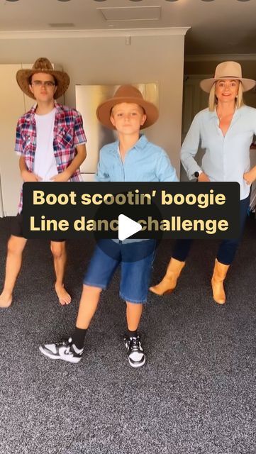 three people standing in front of a sign that says boot scootin'boogie line dance challenge