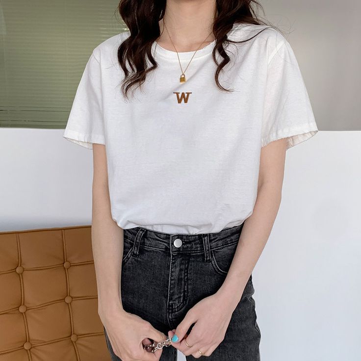 Letter Embroidery Round Collar Loose T-shirt White Relaxed Fit T-shirt With Letter Embroidery, Trendy Crew Neck T-shirt With Embroidered Text, Trendy Short Sleeve Tops With Letter Embroidery, Trendy Crew Neck T-shirt With Letter Embroidery, Trendy Short Sleeve T-shirt With Letter Embroidery, Basic Crew Neck Tops With Letter Embroidery, Casual Crew Neck Top With Letter Embroidery, Trendy White Tops With Letter Embroidery, Casual Summer Tops With Letter Embroidery