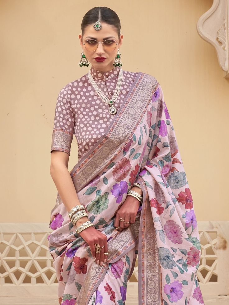 This fascinating baby pink floral printed silk traditional saree with blouse is a stunning choice for weddings, festivals, and other special occasions. The vibrant baby pink color of the saree, paired with the intricate floral print work and zari weaving, makes it a standout piece that is sure to turn heads wherever you go.
The saree comes with a matching light brown color silk blouse that also features printed work and zari weaving, adding to the overall elegance and charm of the ensemble. The Traditional Pre-draped Saree With Floral Print, Festive Pink Silk Pre-draped Saree, Traditional Multicolor Pre-draped Saree With Floral Print, Pink Katan Silk Pre-draped Saree For Festivals, Pink Pre-draped Saree With Unstitched Blouse For Festivals, Pink Blouse Piece For Eid Festivities, Elegant Floral Print Choli For Diwali, Pink Zari Work Katan Silk Sets, Pink Katan Silk Set With Zari Work