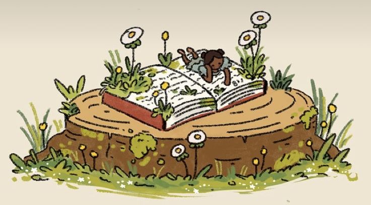 an open book sitting on top of a tree stump with flowers and grass around it