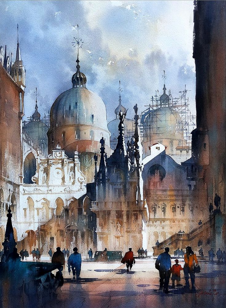 an artistic painting of people walking in the city