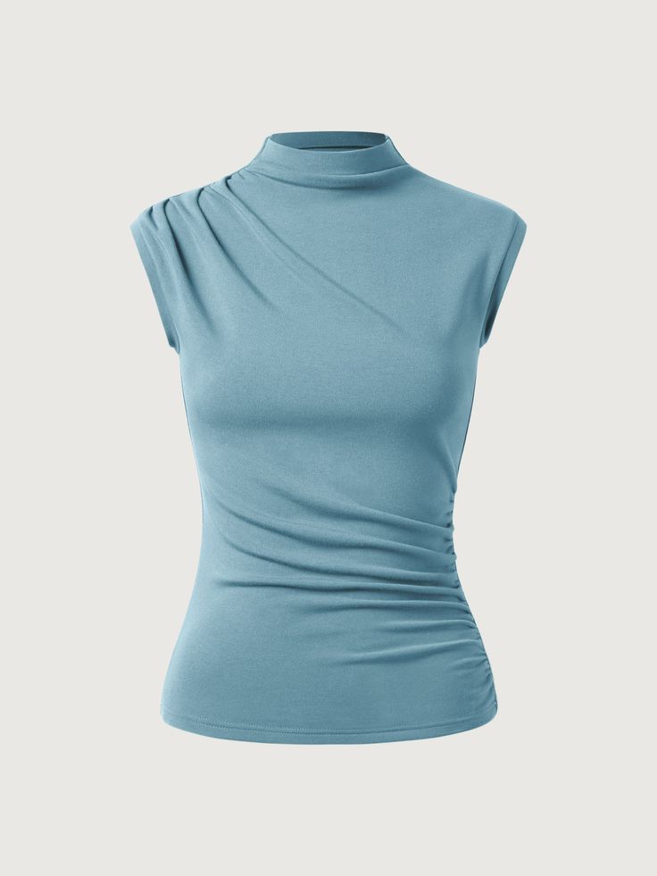 Fitted Ruched Top With Asymmetrical Hem, Fitted Ruched Tops With Asymmetrical Hem, Asymmetrical Ruched Fitted Top, Ruched Fitted Asymmetrical Top, Fitted Asymmetrical Ruched Top, Versatile Fitted Funnel Neck Top, Solid Top With Asymmetrical Hem, Fitted Funnel Neck Versatile Top, Modern Fitted Top With Asymmetrical Hem