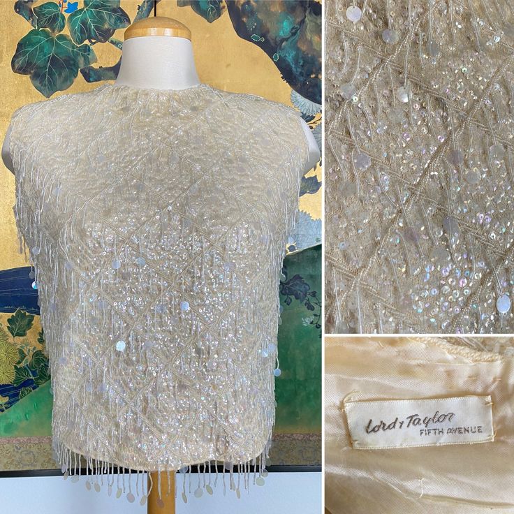 "This shimmering top would look fabulous paired with a fitted pencil skirt. Made of wool and fully lined, this beautiful top is absolutely dripping in sequins and beaded fringe! It zips closed at the back with a metal zipper. It is in good condition. There is some bead loss and some small holes on the inner lining area as seen in the photos.  Measurements were taken with the garment laid flat. I recommend comparing the provided measurements against a garment in your own closet that fits you well. Bust: 21.5\"-21\" Waist: 19\"-19.5\"  Length from top of shoulder to hem: 17.5\", not including fringe trim Please convo me with any questions. Thanks for looking!" Elegant Evening Tops With Beaded Fringe, Spring Fitted Top With Beaded Fringe, Spring Fitted Tops With Beaded Fringe, Fitted Beaded Fringe Tops For Evening, Glamorous Beaded Fringe Top For Night Out, Chic Silk Top With Sequins, Chic Silk Sequin Top, Glamorous Silk Top With Sequins, Glamorous Sequined Silk Top