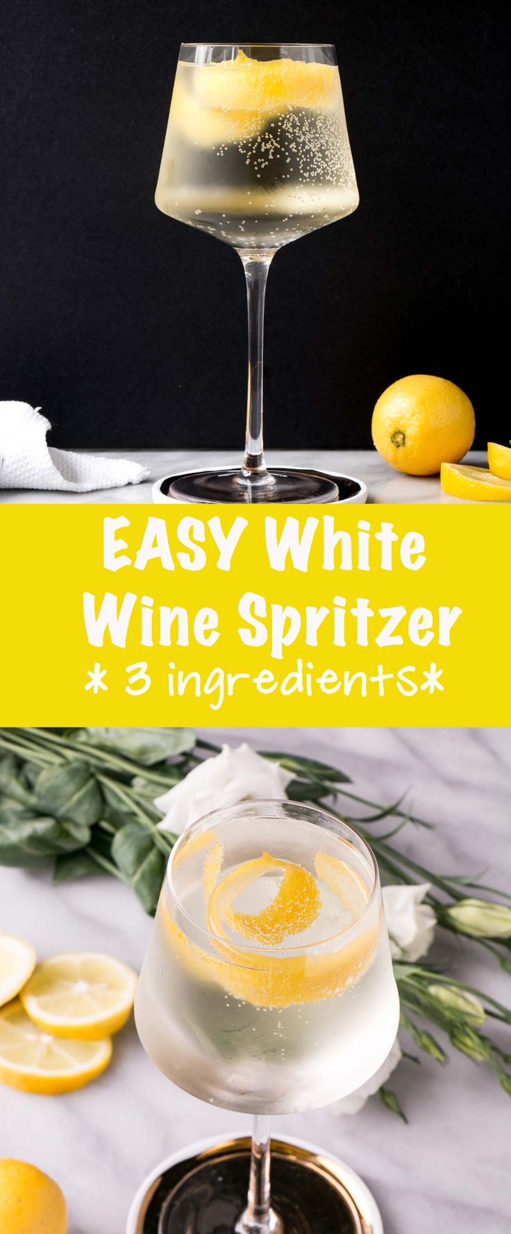 an easy white wine spritzer recipe with lemons and herbs in the background