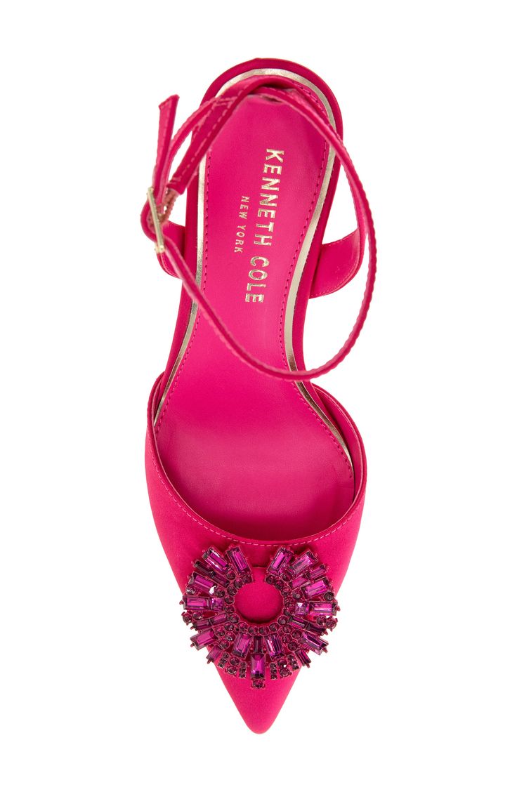 A jewel-encrusted starburst ornament enriches the vamp of a luxe satin pump framed by a pointy toe and tapered heel. 2 1/2" heel Cushioned footbed Textile upper/synthetic lining/rubber sole Imported Jewel Encrusted, Low Heel Shoes, Satin Pumps, Kenneth Cole, In Hot, Low Heels, Women's Pumps, Ankle Strap, Rubber Sole