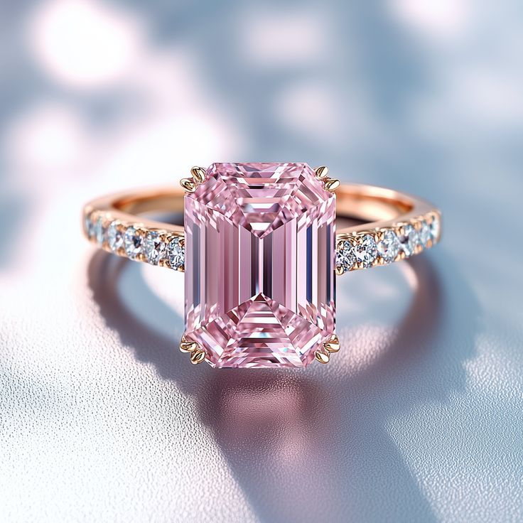 The Elisa: Classic Beauty The Elisa ring is a breathtaking display of beauty, featuring a stunning emerald-cut moissanite center stone in a striking pink hue. This exquisite piece is designed to captivate attention with its vibrant color and flawless sparkle, offering a luxurious alternative to traditional diamonds at an unbeatable value. The stone is set in a rose gold vermeil band, enhancing the overall brilliance and ensuring lasting durability. Crafted to perfection, The Elisa is true to U.S Luxury Pink Sapphire Oval Rings, Luxury Pink Ruby Ring As Gift, Luxury Pink Sapphire Classic Diamond Ring, Luxury Pink Ruby Ring With Pave Setting, Luxury Pink Gold Sapphire Ring As Gift, Pink Gem Stones, Pink Gold Wedding Ring, Pink Wedding Rings Diamond, Pink Spinel Ring