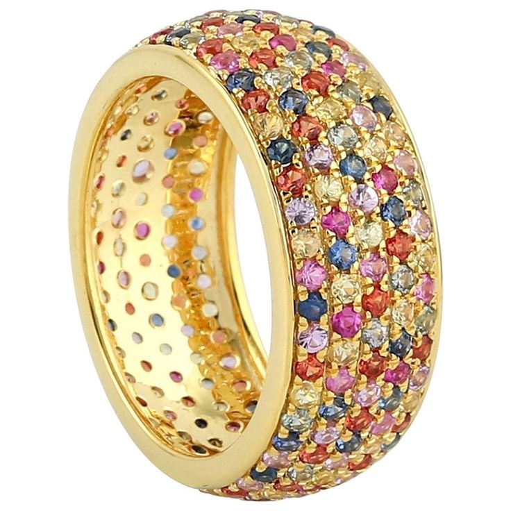 This stunning ring has been meticulously crafted from 18-karat gold and 3.12 carat multi sapphire. The ring is a size 6.5 and may be resized to larger or smaller upon request. FOLLOW MEGHNA JEWELS storefront to view the latest collection & exclusive pieces. Meghna Jewels is proudly rated as a Top Seller on 1stDibs with 5 star customer reviews. All items manufactured by us are handmade and can be customized or redesigned. Composition Size-US-6.5 Total Weight-5.1 Gold Weight(Gms)-4.476 Multi Sapph Pave Ring Band, Sapphire Eternity Band, Sapphire Band, Multi Sapphire, Blue Sapphire Diamond, Eternity Band Ring, Gold Band Ring, Modern Ring, Diamond Eternity