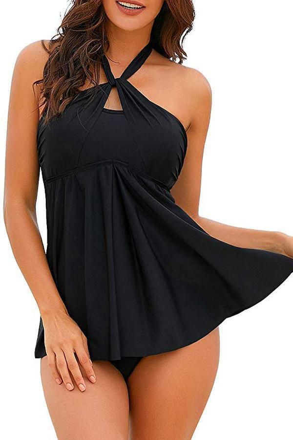 Black Swim Dress With Built-in Bra For Pool, Black Swim Dress With Built-in Bra For Beach Season, Strapless Tankini With Built-in Bra For Beachwear, Strapless Tankini With Built-in Bra For Beach Season, Black Tankini With Built-in Bra For Vacation, Fitted Black Tankini For The Beach, Black Stretch Swim Dress For Beach, Black Strapless Swimwear, Black Tankini For Beach Party