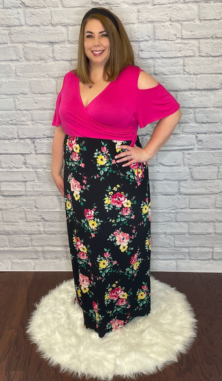 This item is available for local pick up from Magnolia, TX or select a shipping option and have it shipped directly to you. Spend over $99 and shipping is on me! How cute is the cold shoulder floral print maxi dress? The top is pink, while the bottom is a bold floral print on a black background. This dress is half lined so no see through. It features a side bow detail. The waist has elastic so there is stretch. This dress is going to be a great addition to your wardrobe for the coming seasons! 9 Pink Off-shoulder Casual Maxi Dress, Casual Pink Off-shoulder Maxi Dress, Pink Off-shoulder Maxi Dress With Floral Print, Off-shoulder Pink Floral Print Maxi Dress, Spring Fitted Cold Shoulder Maxi Dress, Pink Off-shoulder Maxi Dress For Day Out, Bold Floral Print, Spandex Top, Floral Print Maxi Dress