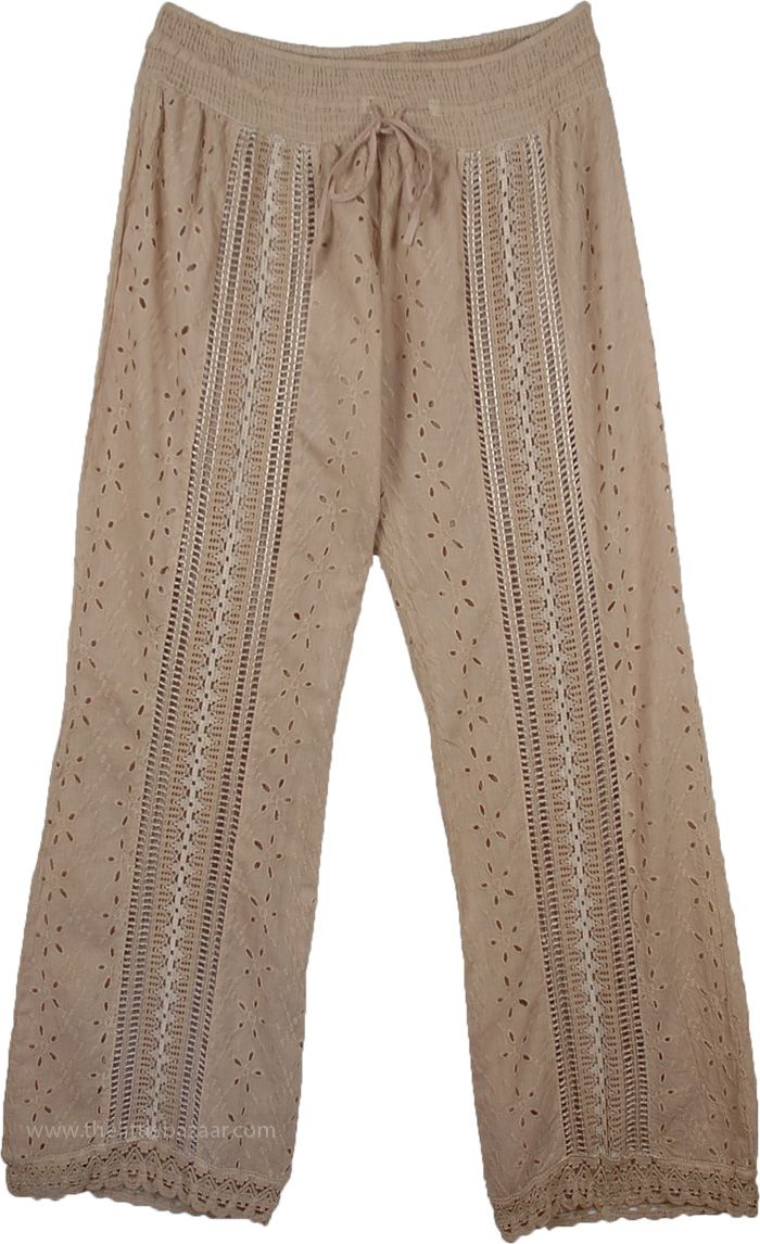 Relaxed Fit Flower Eyelet Summer Pant - Chic meets sweet in our clean-cut pants crafted from a modern flower-power eyelet.  Crafted in an delicate eyelet that feels fresh and just right for summer, this is a chic version of the regular mundane linen pant. #tlb #SplitSkirtsPants #XLPlus Dreamy Outfits, Adventure Core, Beige Clothing, Womens Pant, White Pants Women, Tie Dye Tops, Classy Streetwear, Linen Pant, Hippie Look