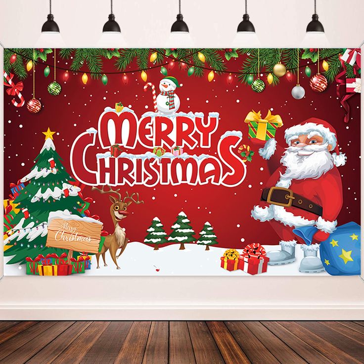 a christmas scene with santa clause and presents on the wall, surrounded by lights and decorations