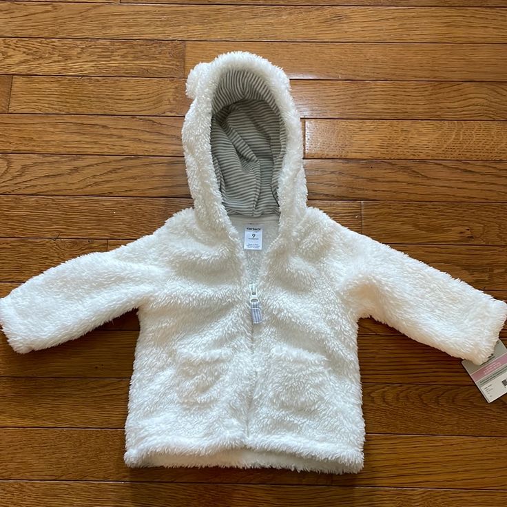 Carters Sherpa Jacket- Nwt - Color Ivy And Gray And White Striped Inside Hood. Perfect Condition, Size 9 Months Winter Long Sleeve Outerwear For Playtime, Hooded Outerwear With Fleece Lining For Playtime, Cozy White Hooded Jacket For Cold Weather, White Cozy Hooded Jacket For Cold Weather, Warm White Fleece Outerwear, White Hooded Jacket With Fleece Lining, White Fleece-lined Hooded Jacket, Cozy White Fleece Hooded Jacket, White Long Sleeve Hooded Jacket With Fleece Lining