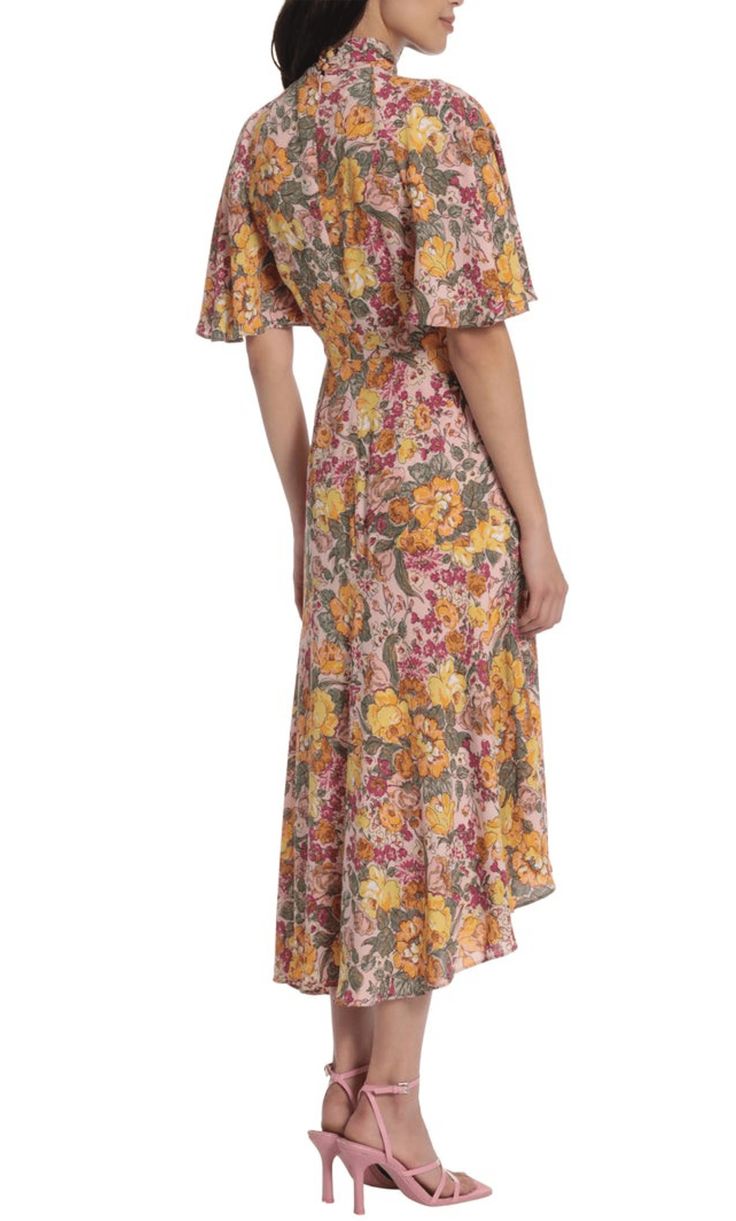 Look lovely in this timeless and eye catching Maggy London G5242M. This tea-length midi dress features a combination of a unique mock neckline and a pair of short flutter sleevs to accentuate your shoulders. With a hidden back zipper, this dress is sure to be easy to wear with its neat closure finish. Down the skirt is a a high low cut for an asymmetrical hemline detail, furthermore fashioned with a column-silhouette styling. Adorned with floral patterns all over, this Maggy London G5242M is sur Rayon A-line Maxi Dress, Spring Rayon Maxi Dress With Bias Cut, Spring Bias Cut Rayon Maxi Dress, Spring A-line Midi Dress With Bias Cut, Rayon Midi Dress With Bias Cut, Rayon Bias-cut Midi Dress, Bias Cut Rayon Midi Dress, Spring Rayon Bias Cut Dresses, Spring Garden Party A-line Tea Length Dress