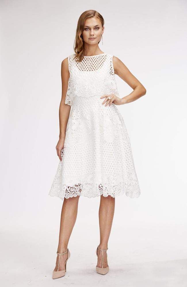 Eva Franco Dress Baba Dress - White Whisper A-line Lace Midi Dress For Garden Party, White A-line Lace Dress With Lace Patchwork, White A-line Lace Dress For Wedding Guest, Chic A-line Midi Dress With Scalloped Lace, Lace Trim Midi Dress For Brunch, Feminine Lace Trim Midi Dress For Wedding, Feminine Midi Dress With Lace Trim For Wedding, Summer Wedding Midi Dress With Lace Top, Feminine Lace Trim Midi Wedding Dress