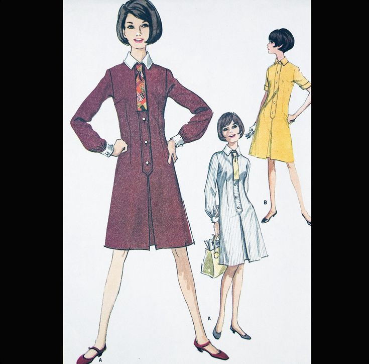 "Here's the 60s version of a shirtwaist dress, in classic A line style. This is an original printed pattern.  It is uncut. Misses' and Junior Dress. Lightly fitted and flared shirtwaist dress has buttoned front bands, long or short set-in sleeves, inset and inverted pleat below front band. When striped fabric is used for long sleeved dress, front bands are cut crosswise. Long sleeves are gathered into buttoned bands of collar fabric. Bias tie is made of a third fabric. Short sleeved dress has se Vintage A-line Dress For Office, Collared Vintage Dress For Work, Vintage Dress With Button Closure For Vintage Fashion, Vintage Dress With Buttons For Daywear, Retro Collared Formal Dress, Retro A-line Vintage Dress For Work, Retro Knee-length Vintage Dress For Daywear, Retro Dresses With Buttons, Vintage Shirt Dress With Buttons For Work