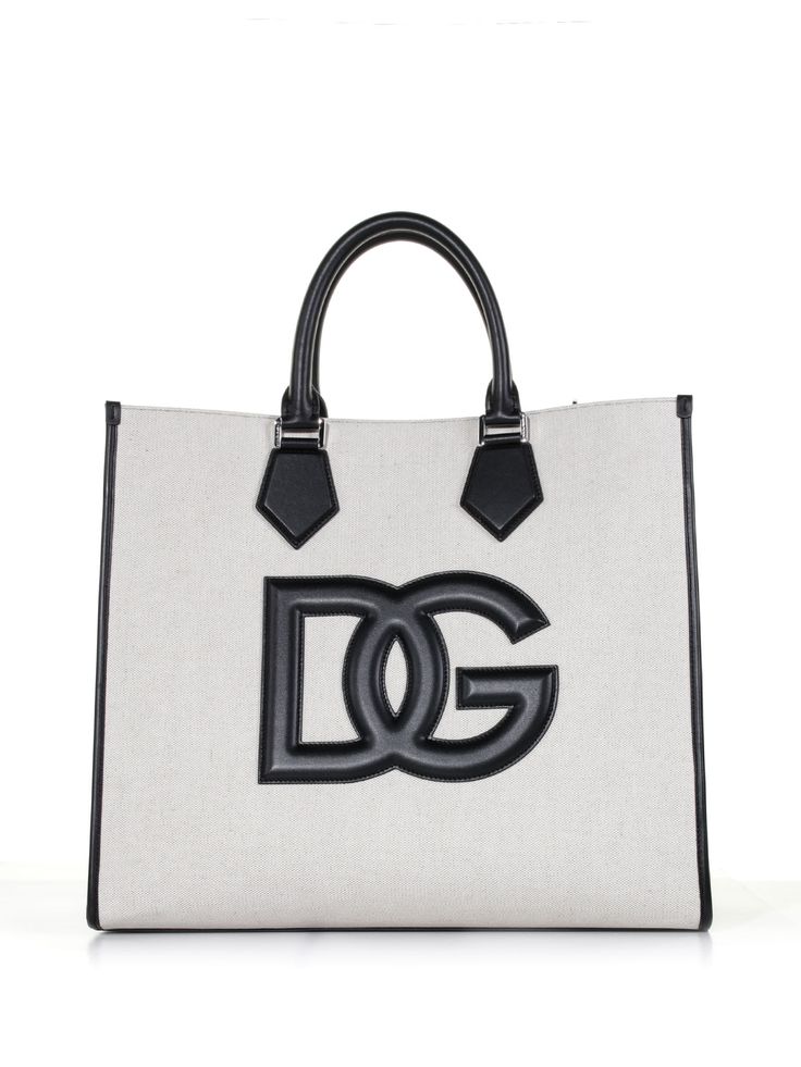 40% Cotton 35% Lino 05% Viscose 20% Calf | Dolce & Gabbana Men's Canvas Shopping Bag in Ivory/Black | SS23 Designer Canvas Shopping Bag With Handles, Designer Bags With Logo For Daily Use, Logo Satchel For Shopping, Luxury Logo Satchel For Shopping, Designer Shoulder Bag With Logo, Logo Satchel Shoulder Bag For Shopping, Designer Logo Satchel Bag, Designer Shopping Bags With Logo, Designer Logo Shoulder Bag