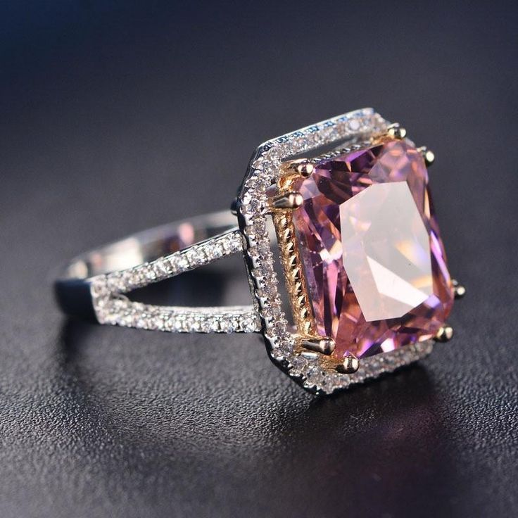 Elegant Radiant Cut Created Pink Sapphire Halo Ring Sapphire Halo Ring, Pink Topaz Ring, Pink Diamond Ring, Radiant Engagement Rings, Sterling Silver Jewelry Rings, Pink Spinel, Pink Tourmaline Ring, Silver Jewellery Sets, Gemstone Engagement