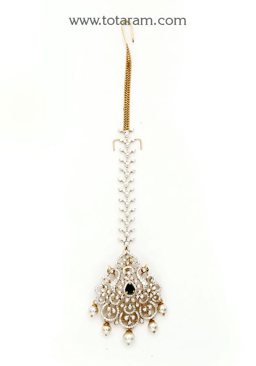 18 Karat Gold "Peacock - Detachable" Diamond Maang Tikka cum Pendant - Papidi Billa with Color Stones & South Sea Pearls
  This Product can be used as Pendant.
  This product has Inter Changeable Stones in the Pendant.
  Gross Weight of the Pendant without Chain : 12.300 Grams
  Gross Weight of the Diamond Tikka Chain without Pendant : 4.750 Grams
  Length of the Pendant : 2.15 inches
  Width of the Pendant :  1.25 inches
 - 235-GT496 - in 17.050 Grams for USD $3,684.55 USD. 
Made in India by To Diamond Tikka, Diamond Maang Tikka, Papidi Billa, Gold Peacock, Maang Tikka, Color Stones, South Seas, South Sea Pearls, Sea Pearls