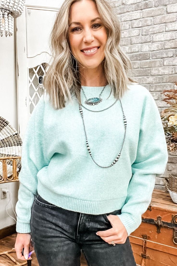 Crew Neck Crop Sweater - Allure Boutique WY Children Bottoms, You Got That, Authentic Turquoise Jewelry, Chic Top, Crop Sweater, A Pencil, Sleeve Detail, Dolman Sleeve, Cropped Sweater