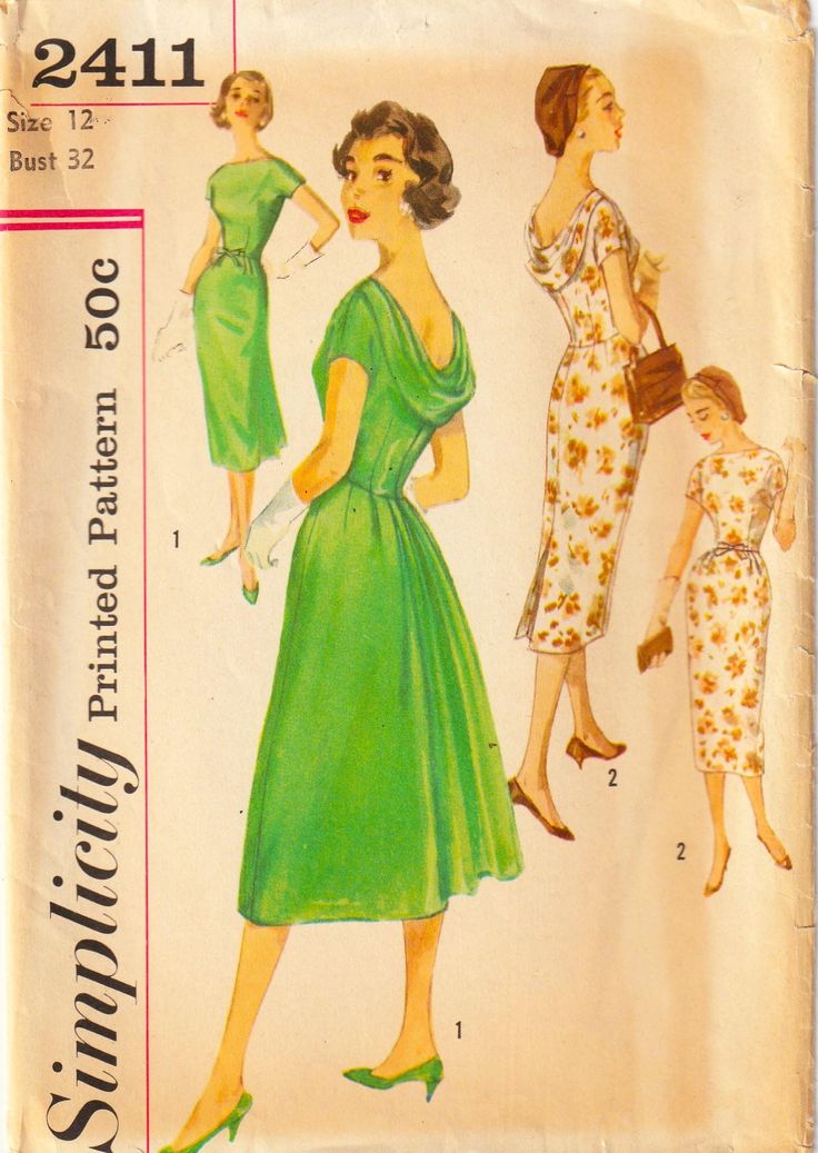 an old fashion sewing pattern from the 1950's, featuring a woman in a green dress