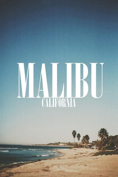 the words mallibu california written in white over an image of a beach and palm trees