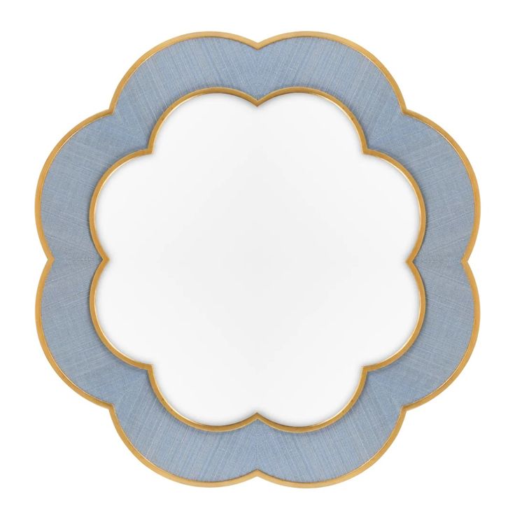 a blue and gold plate with an oval shape