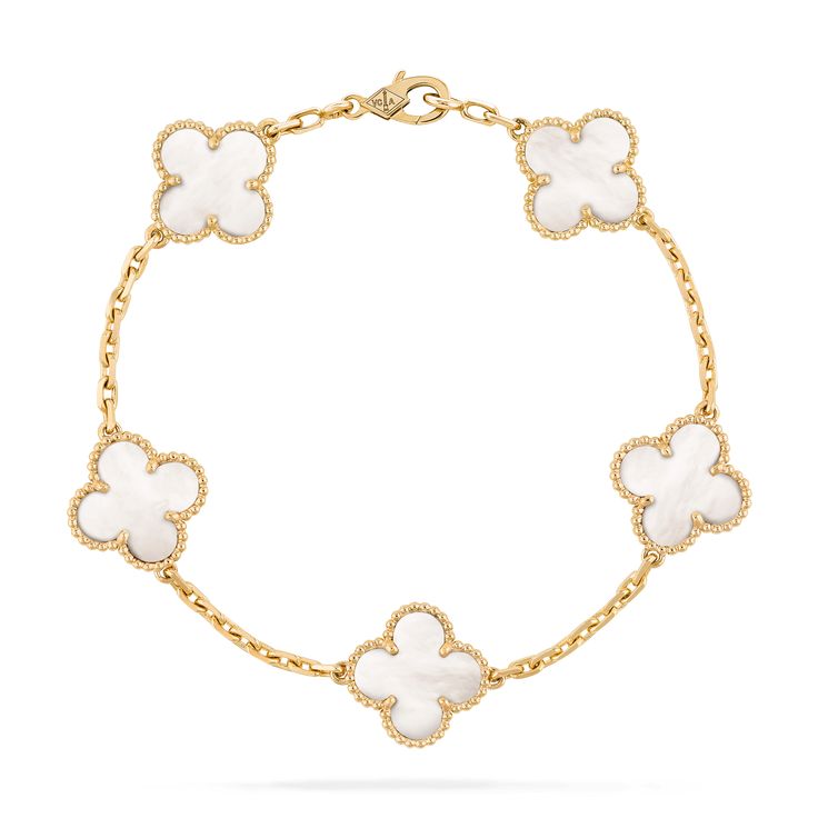 Elevate your style with our stunning CLOVER BRACELET 5 MOTIFS WHITE MOP. Featuring delicate clover motifs made with premium white mother of pearl, this bracelet adds a touch of elegance to any outfit. Perfect for any occasion, it's a must-have for any fashion-forward individual. ADDITIONAL INFORMATION Color: Gold Stone: Mother of pearl, Cubic zirconia Ref. H1213221 Material:- 925 Sterling Silver - 18k Gold Plated- 18k Real Gold ( contact us via instagram) Bracelet wrist size: 19 cm Our replica p Alhambra Bracelet, Van Cleef And Arpels Jewelry, Van Cleef & Arpels, Preppy Jewelry, Living In London, Van Cleef And Arpels, Luxury Bracelet, Gelang Manik, Leaf Bracelet