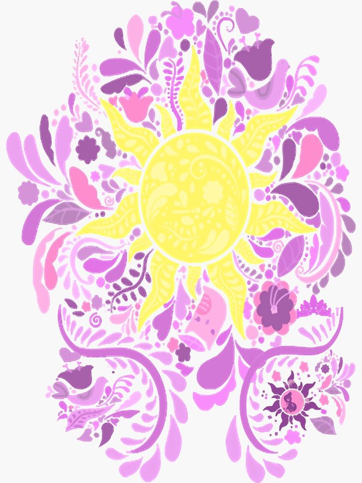 the sun is surrounded by colorful flowers and leaves, as if it were painted in pastel colors