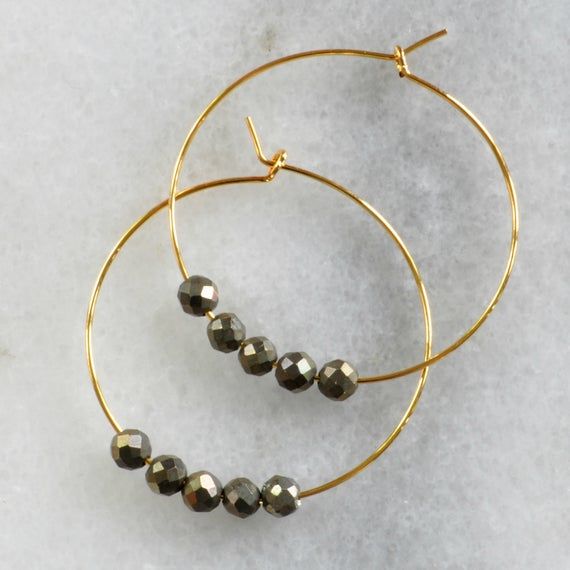 Small Pyrite Beaded Hoop Earrings, Pyrite Hoops, Gunmetal Bead Hoop Earrings, Grey Bead, Gemstone Be Gold Beads Small Hoop For Jewelry Making, Gold Dangle Hoop Earrings With Beads, Gold Hoop Earrings With Gold Beads, Adjustable Hoop Earrings With Gold Beads As Gift, Adjustable Gold Beads Hoop Earrings As Gift, Gold Bead Hoop Jewelry Gift, Adjustable Gold Beaded Hoop Earrings As Gift, Gold Earrings With Faceted Round Beads, Elegant Gold Hoop Earrings With Faceted Beads