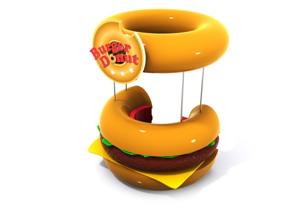 a large hamburger shaped like a donut with a sign on it's side