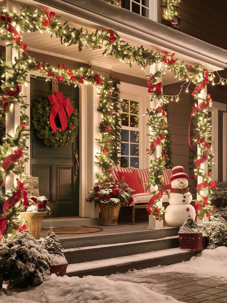 a porch decorated for christmas with lights and decorations