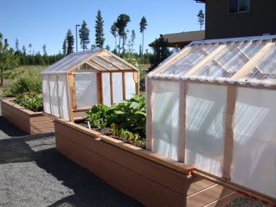 two small greenhouses with plants growing in them on the side of a road next to a house