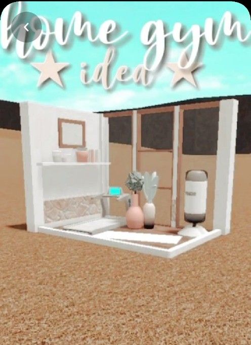 a small room with a bed, mirror and vases on the floor in front of a sign that says home grown