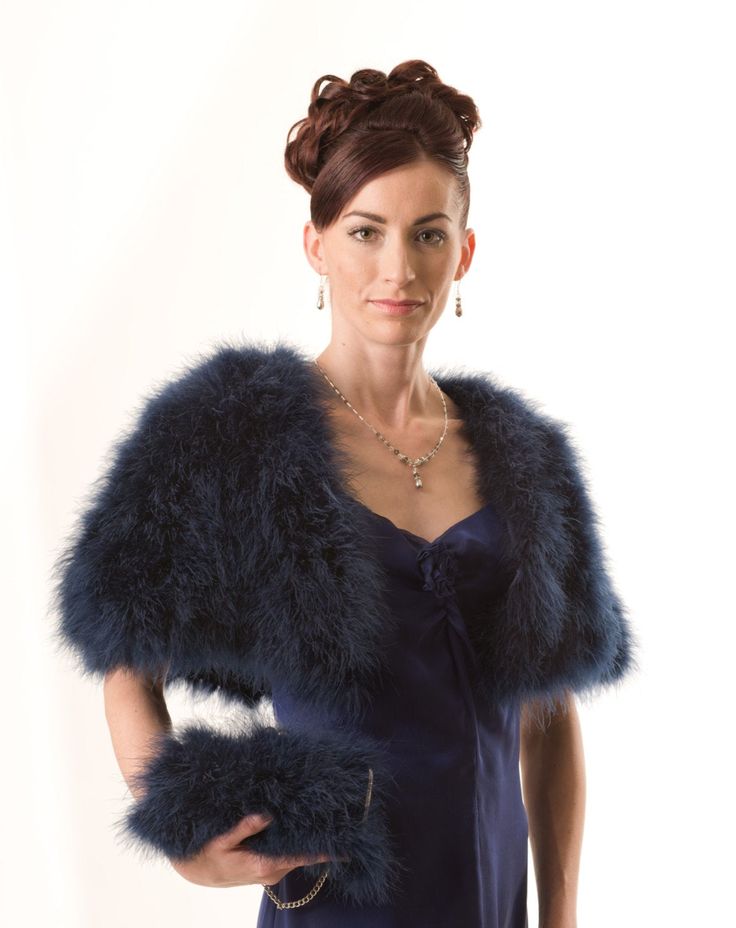 "It can serve both as memorable fashion statement and as functional accessory on your special day. it is an absolute pleasure to put this gorgeous cape over your shoulders, to keep you warm, and accentuate your plunging neckline... On the pictures are shown in a navy blue color FEATHERED COLLECTION \"SHOULDER MIST\" This Collection is made from natural marabou feather, fully lined with 100%silk; Length on the back : 14\"-15\" Think about lovely marabou clutch, which I made as a pair to this shru Elegant Winter Capelet, Elegant Evening Cape For Winter, Chic Fitted Capelet, Elegant Winter Capelet With Cape Sleeves, Winter Evening Capelet, Elegant Winter Shawl Cape, Fitted Fall Cape For Evening Wear, Elegant Blue Shawl For Fall, Elegant Evening Capelet For Winter