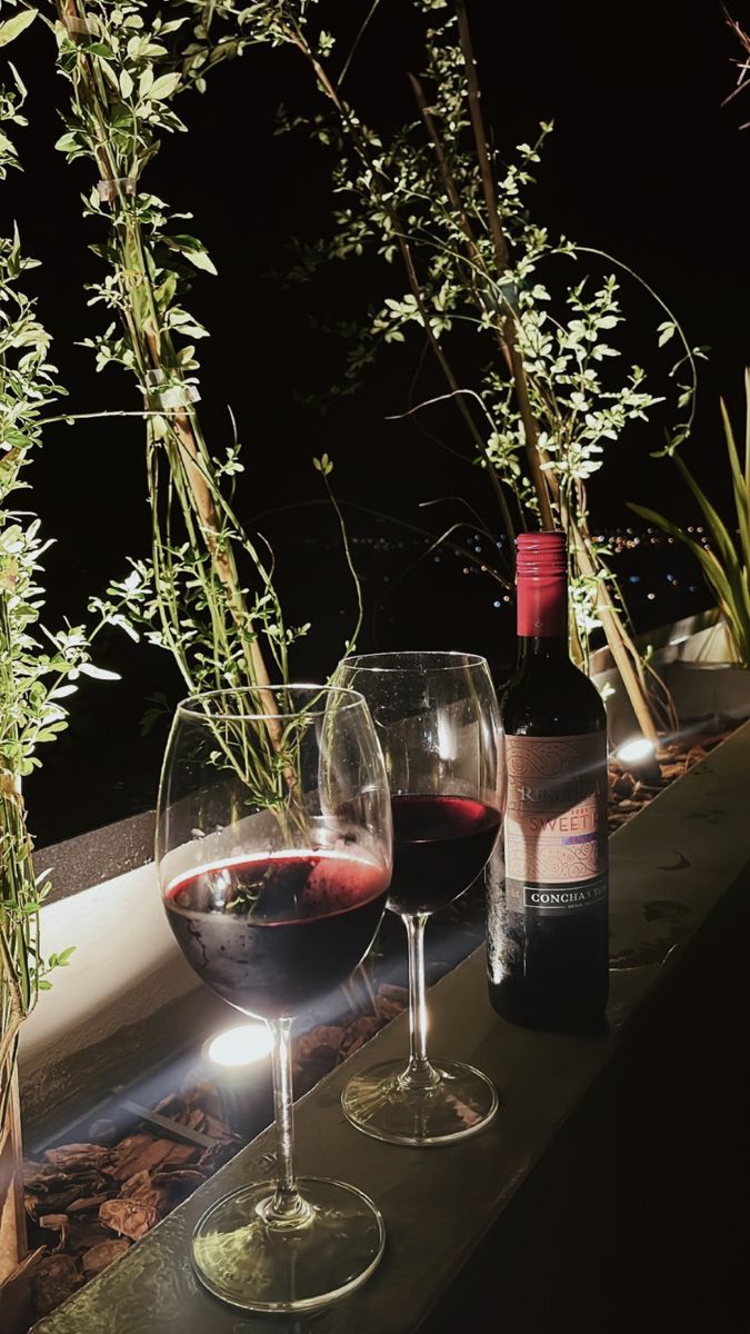 two glasses of wine are sitting on a ledge next to some plants and bottles of wine