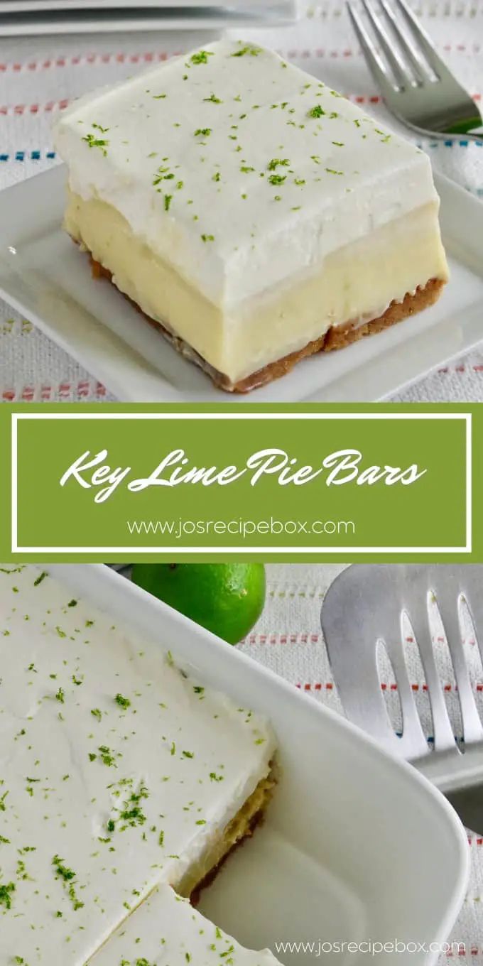 key lime pie bars on white plates with forks and spoons next to the cake