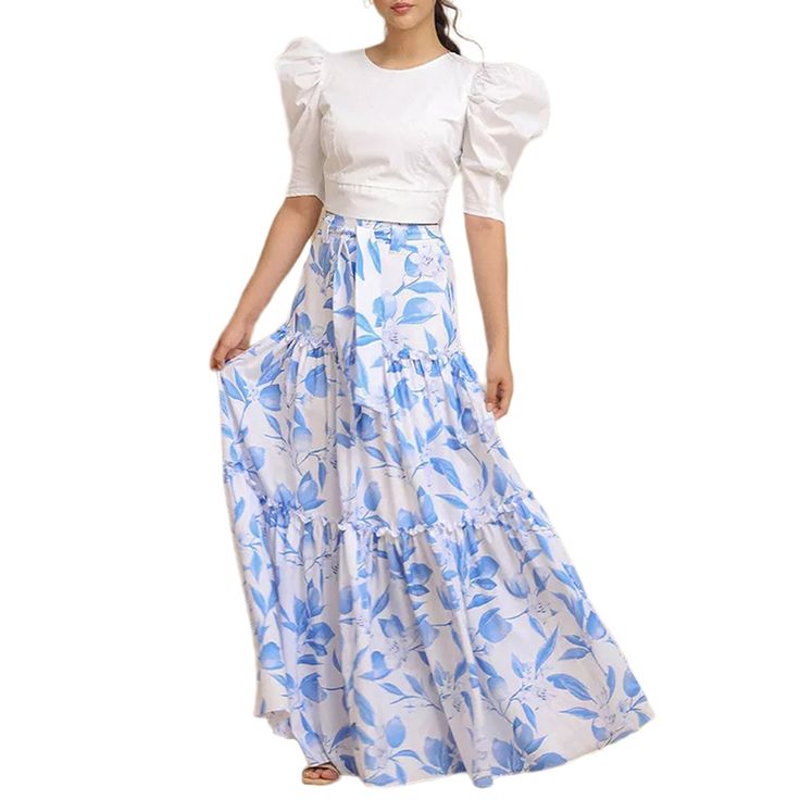 Blue Floral Print Chiffon Maxi Skirt Chiffon Maxi Skirt, Floral Print Chiffon, Blue Floral Print, Chiffon Maxi, Vintage Casual, Casual Skirt, Print Chiffon, Blue Floral, Casual Skirts