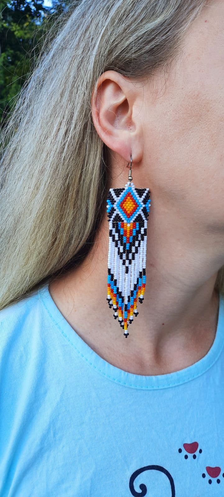 American native earrings, seed bead earrings, handmade earrings, chandallier earrings, boho Hippie statement earrings, dangle earrings Southwestern Beaded Dangle Earrings, Southwestern Style Beaded Dangle Earrings, Southwestern Beaded Fringe Dangle Earrings, Southwestern Style Beaded Fringe Dangle Earrings, Handmade Southwestern Beaded Dangle Earrings, Handmade Southwestern Dangle Beaded Earrings, Southwestern Handmade Dangle Beaded Earrings, Unique Beaded Fringe Dangle Jewelry, Unique Handwoven Beaded Dangle Earrings