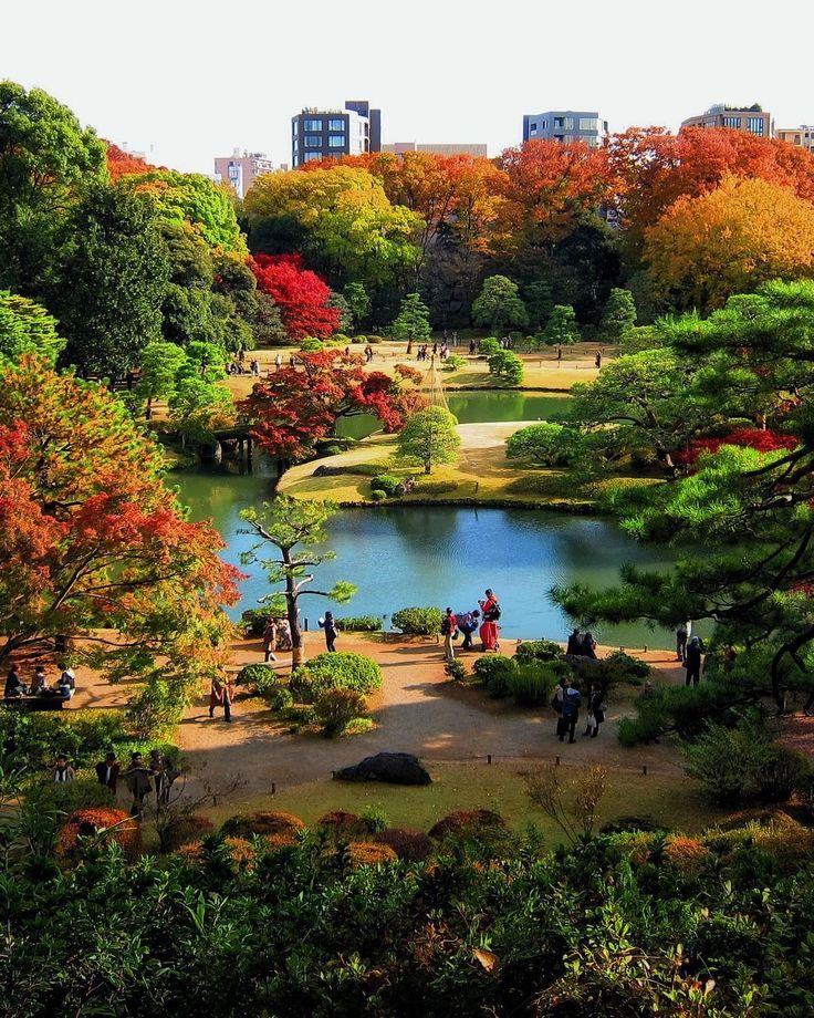 many people are walking around in the park with colorful trees and bushes on both sides