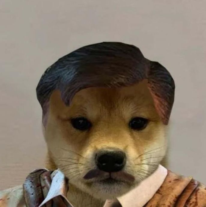 a dog wearing a suit and tie with a fake hat on it's head