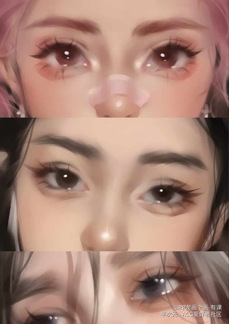 three different images of the same woman's face and eyes, each with long eyelashes